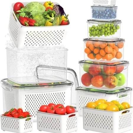 Raxoom 12 Piece Plastic Fridge Organizers and Storage Drain Food Container For Fruits Vehetables Berry Lettuce Salad | Leak-proof Airtight Food Storage Containers with Lids with Colanders, BPA-Free