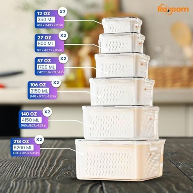 Raxoom 12 Piece Plastic Fridge Organizers and Storage Drain Food Container For Fruits Vehetables Berry Lettuce Salad | Leak-proof Airtight Food Storage Containers with Lids with Colanders, BPA-Free - Image 7