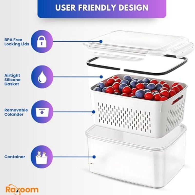 Raxoom 12 Piece Plastic Fridge Organizers and Storage Drain Food Container For Fruits Vehetables Berry Lettuce Salad | Leak-proof Airtight Food Storage Containers with Lids with Colanders, BPA-Free - Image 6