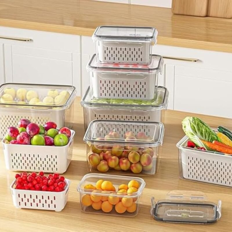Raxoom 12 Piece Plastic Fridge Organizers and Storage Drain Food Container For Fruits Vehetables Berry Lettuce Salad | Leak-proof Airtight Food Storage Containers with Lids with Colanders, BPA-Free - Image 5