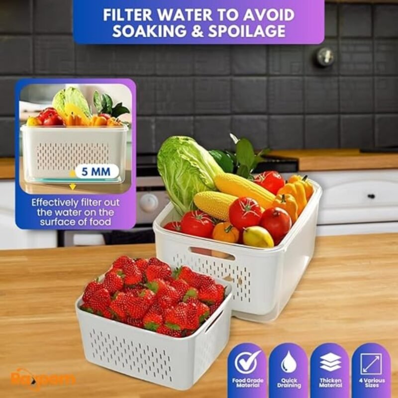 Raxoom 12 Piece Plastic Fridge Organizers and Storage Drain Food Container For Fruits Vehetables Berry Lettuce Salad | Leak-proof Airtight Food Storage Containers with Lids with Colanders, BPA-Free - Image 4