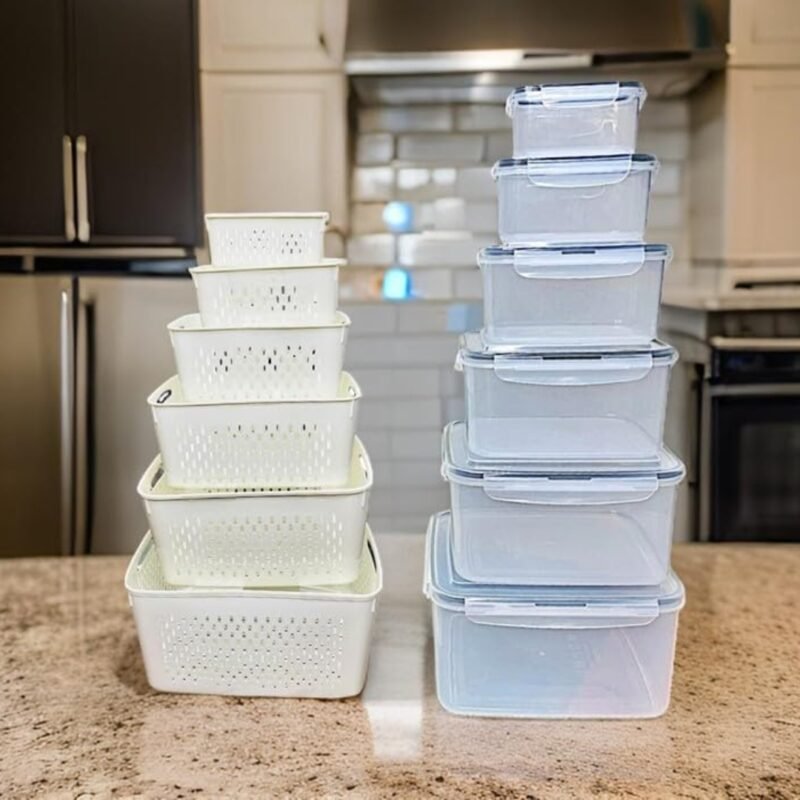 Raxoom 12 Piece Plastic Fridge Organizers and Storage Drain Food Container For Fruits Vehetables Berry Lettuce Salad | Leak-proof Airtight Food Storage Containers with Lids with Colanders, BPA-Free - Image 3