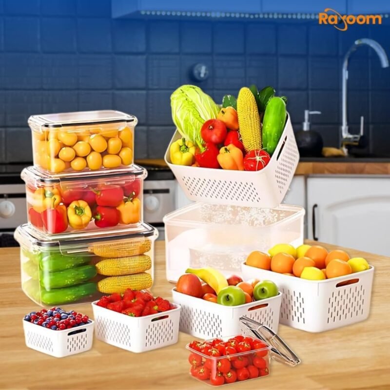 Raxoom 12 Piece Plastic Fridge Organizers and Storage Drain Food Container For Fruits Vehetables Berry Lettuce Salad | Leak-proof Airtight Food Storage Containers with Lids with Colanders, BPA-Free - Image 2