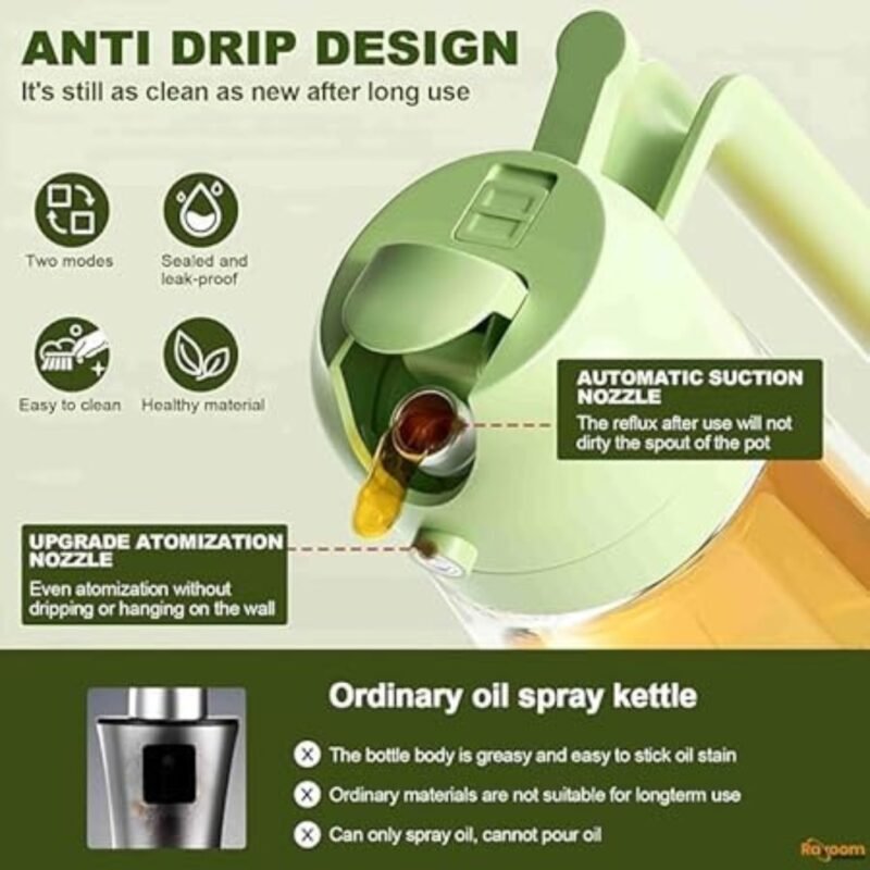 Raxoom Oil Spray Bottle 17oz Oil Dispenser Bottle for Kitchen - 500ml Olive Oil Bottle - 2-in-1 Olive Oil Dispenser and oil Sprayer - Perfect for Cooking, Salads, and Barbecue (Green) - Image 2