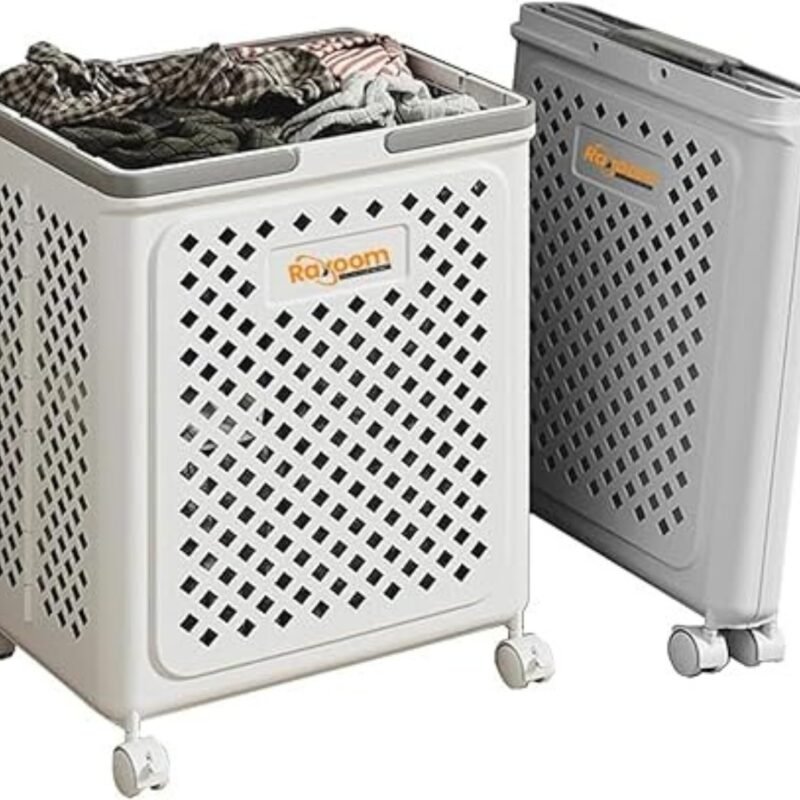 Raxoom Foldable Laundry Basket For Dirty Clothing | Modern Design with Upto 50L Storage Capacity | With 4 Wheels Cloth Storage or Multi Purpose Organizer 36 * 28 * 49CM (Large, White)