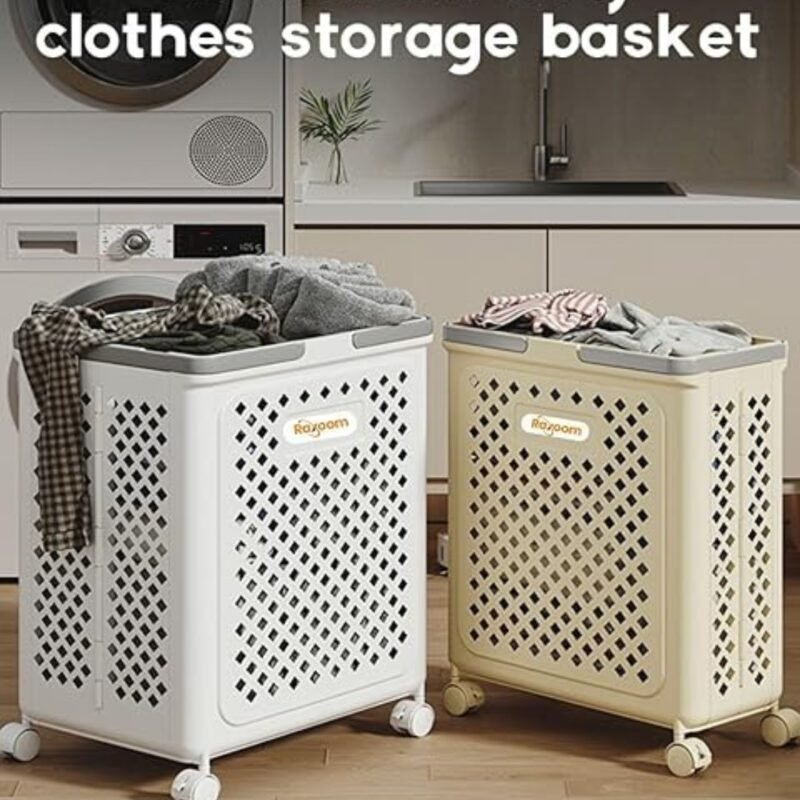 Raxoom Foldable Laundry Basket For Dirty Clothing | Modern Design with Upto 50L Storage Capacity | With 4 Wheels Cloth Storage or Multi Purpose Organizer 36 * 28 * 49CM (Large, White) - Image 4