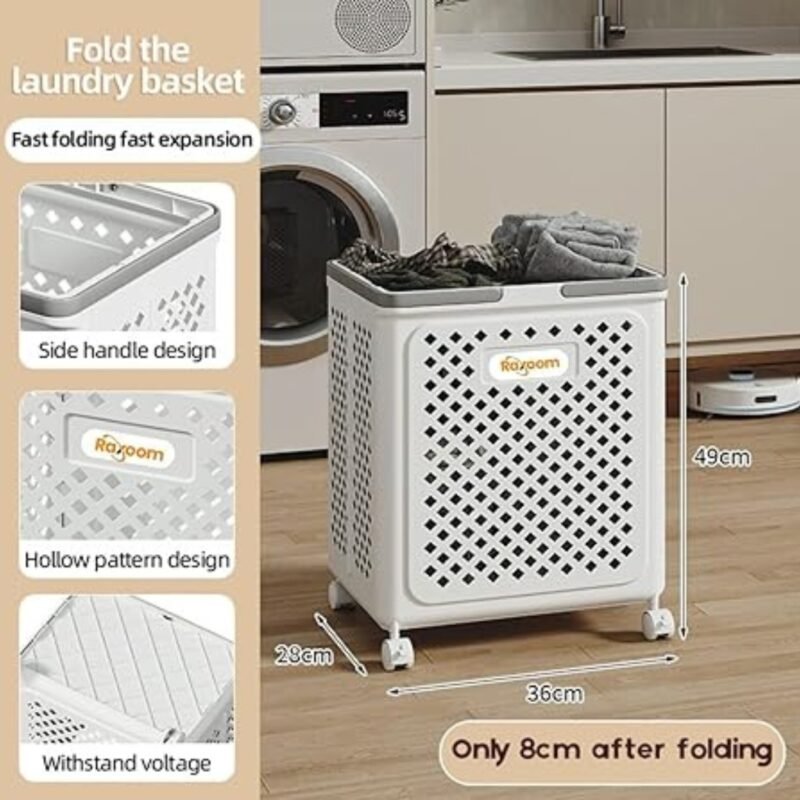 Raxoom Foldable Laundry Basket For Dirty Clothing | Modern Design with Upto 50L Storage Capacity | With 4 Wheels Cloth Storage or Multi Purpose Organizer 36 * 28 * 49CM (Large, White) - Image 3