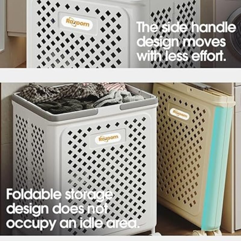 Raxoom Foldable Laundry Basket For Dirty Clothing | Modern Design with Upto 50L Storage Capacity | With 4 Wheels Cloth Storage or Multi Purpose Organizer 36 * 28 * 49CM (Large, White) - Image 2