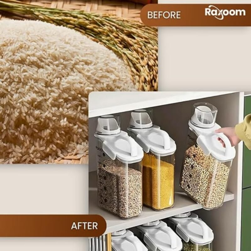 Raxoom 3-Piece Cereal Container Set | Airtight Food Storage Container | handled kitchen organizer + Measuring Cup | BPA-Free Plastic Rice container | 3 Sizes Set for home storage and organizer - Image 8
