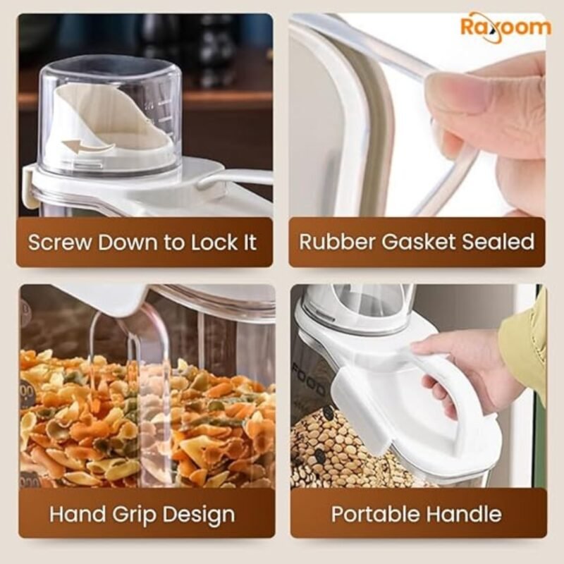 Raxoom 3-Piece Cereal Container Set | Airtight Food Storage Container | handled kitchen organizer + Measuring Cup | BPA-Free Plastic Rice container | 3 Sizes Set for home storage and organizer - Image 6