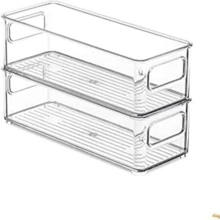 Raxoom Fridge Organizers and Storage Containers | Stackable Clear Refrigerator Organizer Bins with Handles | Ideal for Cabinets, Shelves, Drawers, Freezer | Food Safe, BPA Free (Pack of 2) (Small)