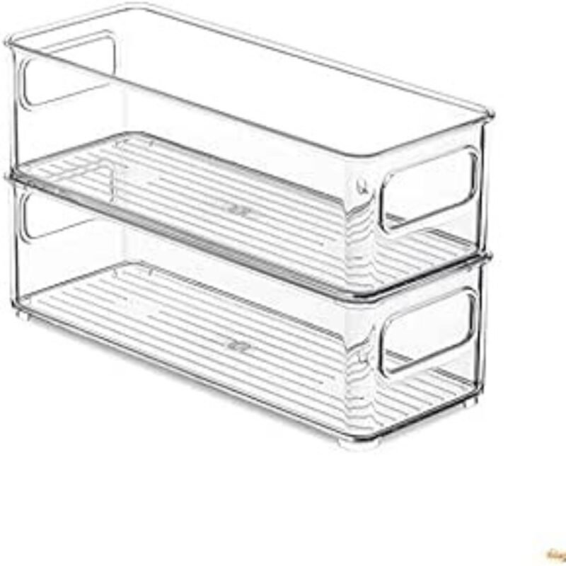 Raxoom Fridge Organizers and Storage Containers | Stackable Clear Refrigerator Organizer Bins with Handles | Ideal for Cabinets, Shelves, Drawers, Freezer | Food Safe, BPA Free (Pack of 2) (Small)