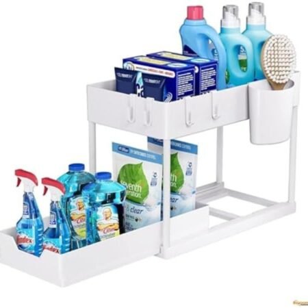 Raxoom 1pcs Under Sink Organizer │ Multi-Purpose 2-Tier Storage Rack for Kitchen & Bathroom │ Space-Saving Sliding Shelf with Non-Slip Stand & 4 Hooks │ Compact Design for Laundry & Workspace (White)