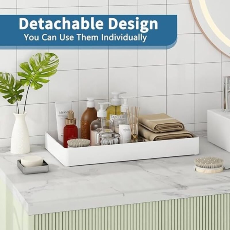 Raxoom 1pcs Under Sink Organizer │ Multi-Purpose 2-Tier Storage Rack for Kitchen & Bathroom │ Space-Saving Sliding Shelf with Non-Slip Stand & 4 Hooks │ Compact Design for Laundry & Workspace (White) - Image 2