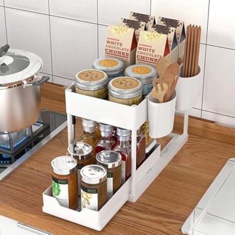Raxoom 1pcs Under Sink Organizer │ Multi-Purpose 2-Tier Storage Rack for Kitchen & Bathroom │ Space-Saving Sliding Shelf with Non-Slip Stand & 4 Hooks │ Compact Design for Laundry & Workspace (White) - Image 6