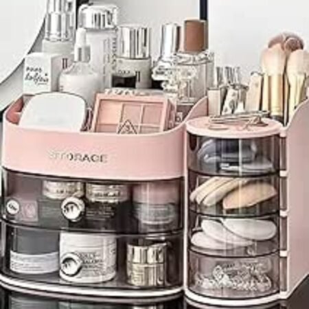 Raxoom 3 Tier Clear Makeup Organizer with Drawer, Cosmetic Storage for Dresser Countertop and Bathroom Vanity, Beauty Holder for Lipstick Brush Skincare(pink)