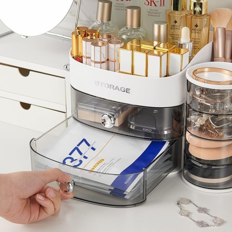 Raxoom 3 Tier Clear Makeup Organizer with Drawer, Cosmetic Storage for Dresser Countertop and Bathroom Vanity, Beauty Holder for Lipstick Brush Skincare(pink) - Image 3