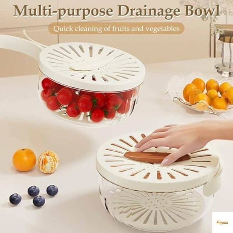 Raxoom 2-In-1 Draining and Preservation Basket, Fruit Washing Bowl with Strainer | Multifunctional Fruit and Vegetable Washing Bowl with Handle, Cuzy Kitchen Drain Basket (White) - Image 4