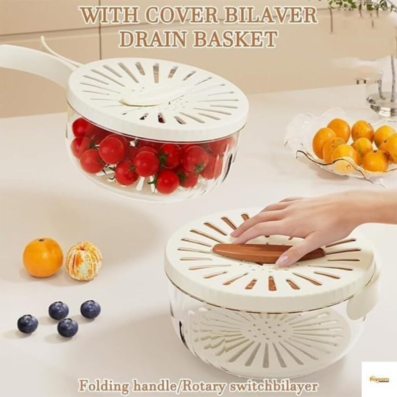 Raxoom 2-In-1 Draining and Preservation Basket, Fruit Washing Bowl with Strainer | Multifunctional Fruit and Vegetable Washing Bowl with Handle, Cuzy Kitchen Drain Basket (White) - Image 3