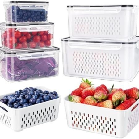 Raxoom 5Pcs Plastic Fridge Organizers and Storage Food Container To Keep Fruits Vehetables Berry Lettuce Salad Fresh | Leak-proof Airtight Food Storage Containers with Lids with Colanders, BPA-Free