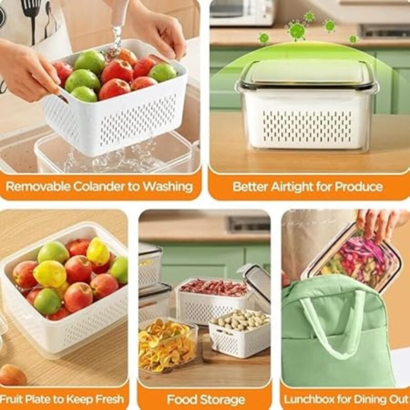 Raxoom 5Pcs Plastic Fridge Organizers and Storage Food Container To Keep Fruits Vehetables Berry Lettuce Salad Fresh | Leak-proof Airtight Food Storage Containers with Lids with Colanders, BPA-Free - Image 2