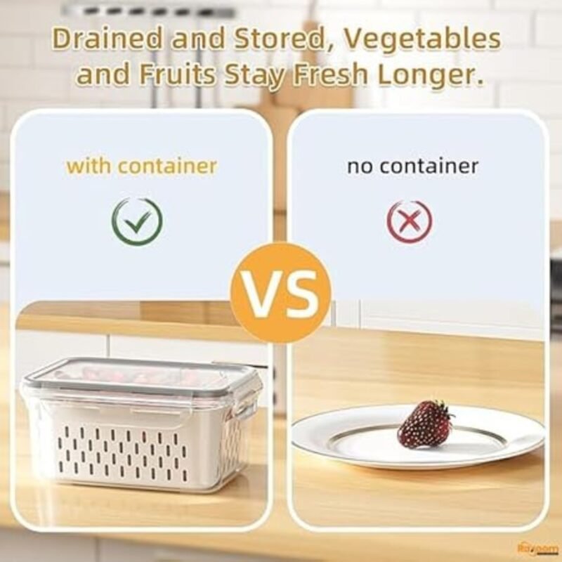 Raxoom 5Pcs Plastic Fridge Organizers and Storage Food Container To Keep Fruits Vehetables Berry Lettuce Salad Fresh | Leak-proof Airtight Food Storage Containers with Lids with Colanders, BPA-Free - Image 7