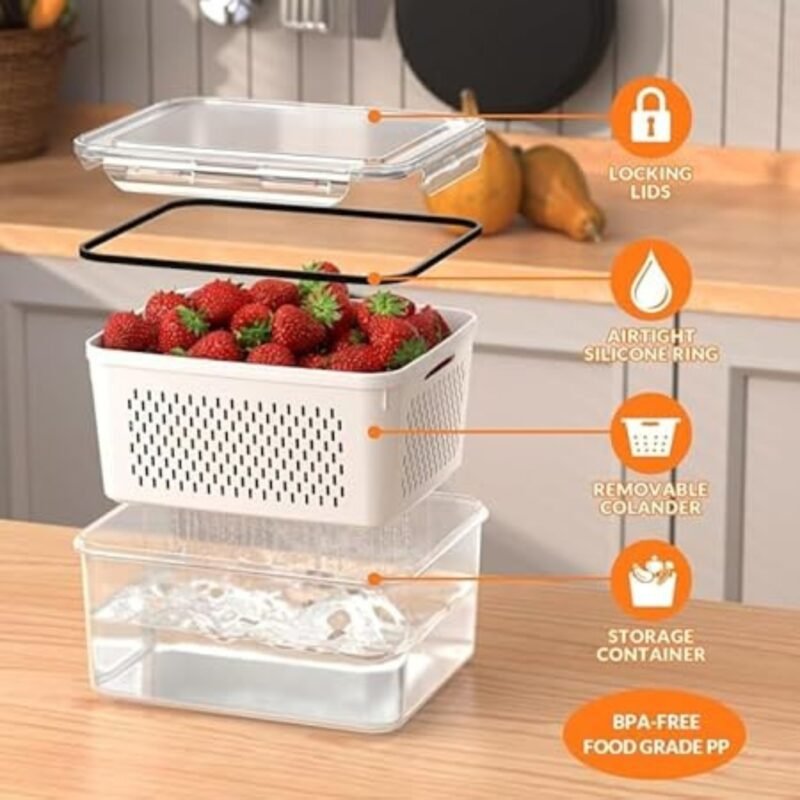 Raxoom 5Pcs Plastic Fridge Organizers and Storage Food Container To Keep Fruits Vehetables Berry Lettuce Salad Fresh | Leak-proof Airtight Food Storage Containers with Lids with Colanders, BPA-Free - Image 5